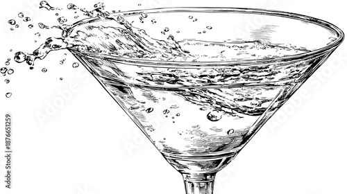 Dynamic liquid splash in clear martini glass. Hand-drawn black and white illustration of water movement, refreshment concept.