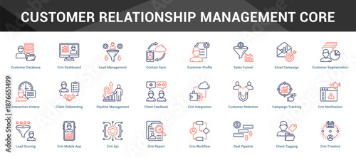 Customer Relationship Management Core Cohesive set of minimalist vector icons representing key ideas with visual clarity