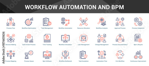 Workflow Automation And Bpm Cohesive set of minimalist vector icons representing key ideas with visual clarity