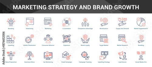 Marketing Strategy And Brand Growth Cohesive set of minimalist vector icons representing key ideas with visual clarity