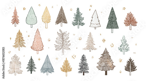 Hand-drawn collection of whimsical evergreen trees and forest pines in a sketchy style, perfect for holiday and winter nature designs