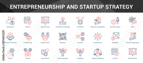 Entrepreneurship And Startup Strategy Cohesive set of minimalist vector icons representing key ideas with visual clarity