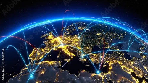 Glowing globe with city lights and interconnected lines, showing global communication networks