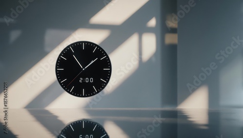 Floating clock with hands at 200, shadowed backdrop, minimalist aesthetic