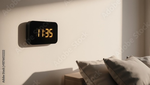 A sleek, modern black clock with an orange display on a white wall