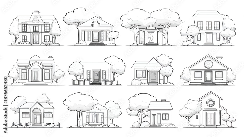 Naklejka premium Monochrome line art collection of diverse residential houses with trees. Detailed outline illustrations for architectural concepts or coloring books.
