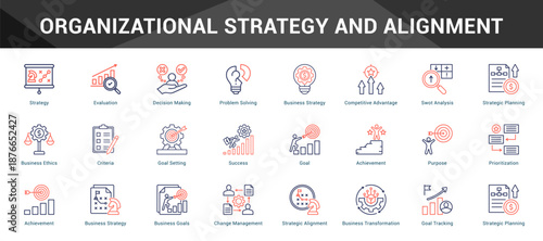 Organizational Strategy And Alignment Cohesive set of minimalist vector icons representing key ideas with visual clarity