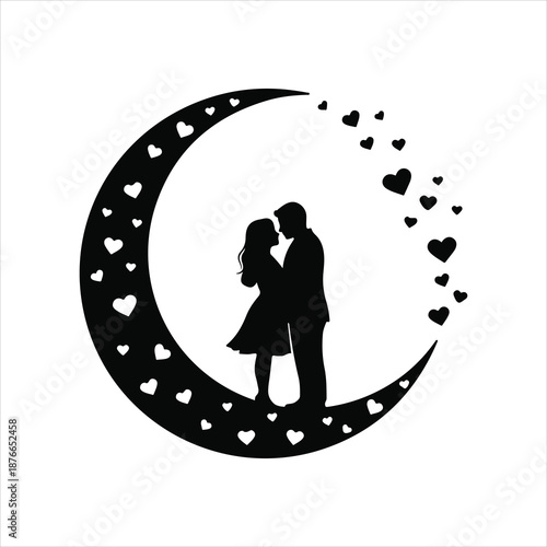A romantic couple silhouetted against a crescent moon filled with delicate hearts