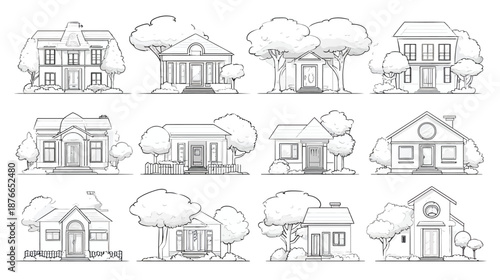 Monochrome line art collection of diverse residential houses with trees. Detailed outline illustrations for architectural concepts or coloring books.