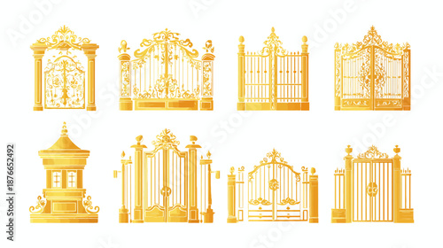 Vector set of luxurious golden ornate gates. Elegant decorative fences, antique architectural entrances, and ornamental metalwork elements.