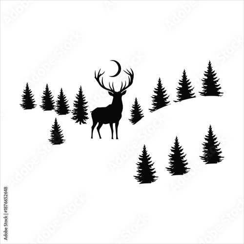 Silhouette of a majestic stag standing amidst a forest landscape under a crescent moon