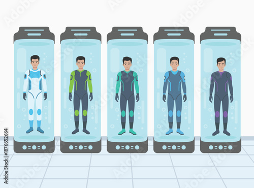 five men in colorful futuristic sci fi suits standing inside vertical cryogenic glass pods. Concept for human hibernation, space travel, or genetic cloning in a laboratory setting