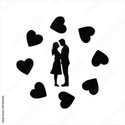 A silhouetted couple embracing surrounded by floating heart shapes representing love