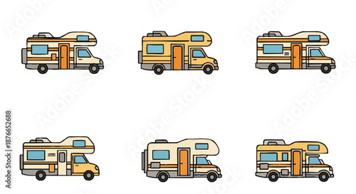 Collection of various cartoon-style camper vans and recreational vehicles, ideal for travel and outdoor adventures