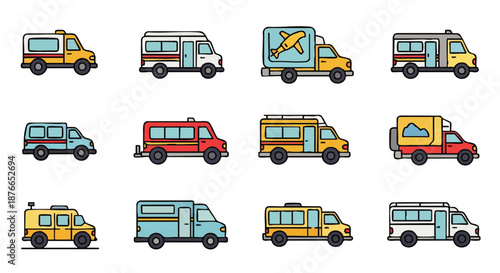 A collection of colorful retro-style vans and trucks, perfect for illustrating travel, transportation, and logistics themes