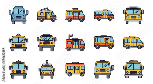 Collection of colorful cartoon-style vehicles, including various types of buses and vans, presented in a clean, vector graphic format