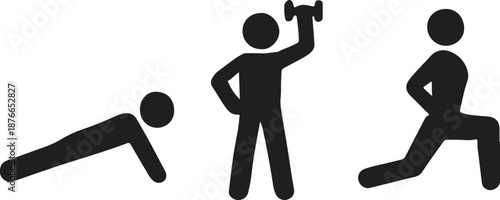 Silhouette figures exercising with stretching and dumbbell lifting motions