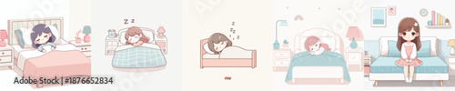 Vector Illustration of a Cute Girl Sleeping on a Bed