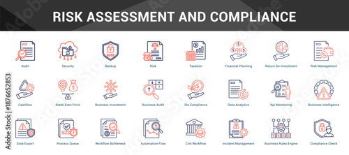 Risk Assessment And Compliance Cohesive set of minimalist vector icons representing key ideas with visual clarity