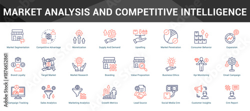 Market Analysis And Competitive Intelligence Cohesive set of minimalist vector icons representing key ideas with visual clarity