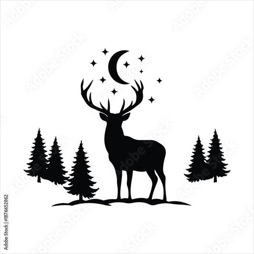 a black silhouette of a deer with crescent moon and stars