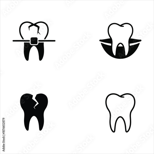 four different dental tooth icons showing various conditions and treatments