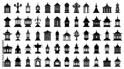 Diverse collection of vintage and antique ornamental lantern and lamp silhouettes. Set of decorative black graphic elements on white background.