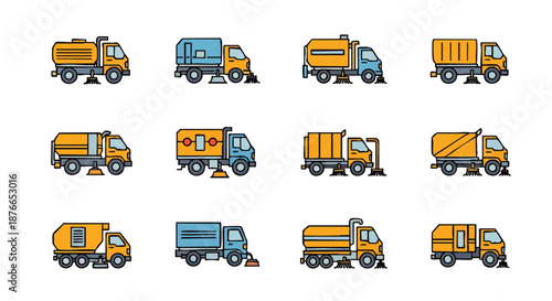 A collection of cartoon-style, pixelated illustrations of various types of trucks, including street sweepers and garbage trucks