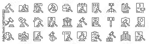Set of 30 outline icons related to gavel. Linear icon collection. Editable stroke. Vector illustration
