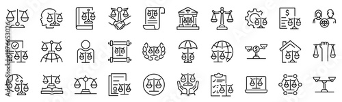 Set of 30 outline icons related to justice scale. Linear icon collection. Editable stroke. Vector illustration