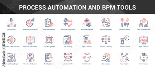 Process Automation And Bpm Tools Cohesive set of minimalist vector icons representing key ideas with visual clarity