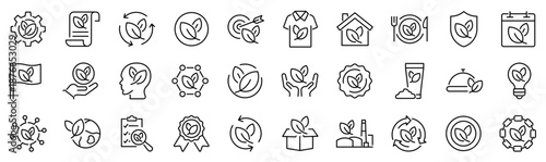 Set of 30 outline icons related to eco, leaf. Linear icon collection. Editable stroke. Vector illustration