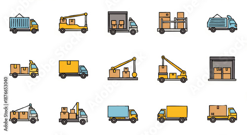 Colorful line icons of various garbage and recycling trucks, representing urban waste management and sanitation services for clean city environments