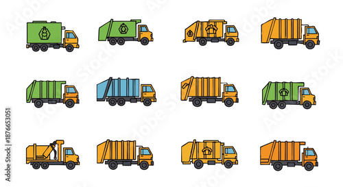 Flat outline vector icon set featuring diverse garbage and recycling trucks, ideal for waste management, environmental services, and urban infrastructure design projects