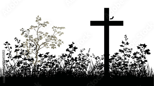 Black silhouette of a Christian cross with a small bird, surrounded by dark foliage, grass, and a faint tree against a white background. Spiritual remembrance.