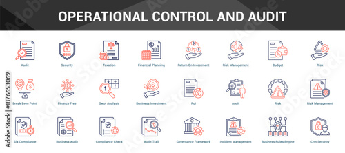 Operational Control And Audit Cohesive set of minimalist vector icons representing key ideas with visual clarity
