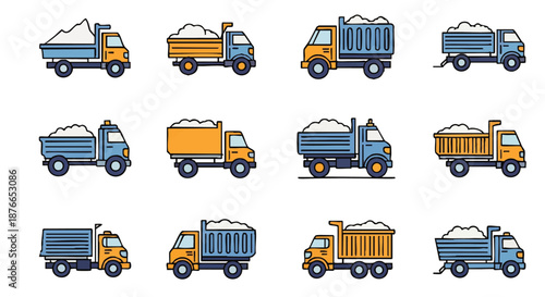 A collection of twelve flat design icons featuring different types of trucks carrying sand, gravel, and other materials