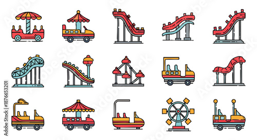 Collection of colorful amusement park ride icons for entertainment and leisure themes