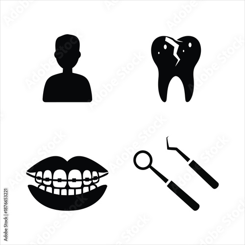 Dental care icons including patient tooth mouth and dentist tools
