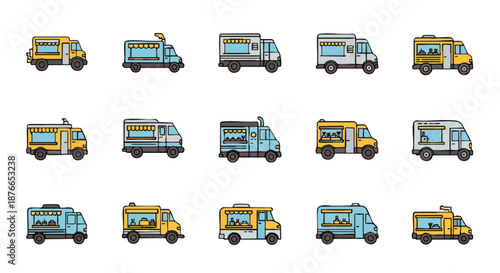 Collection of colorful food trucks in various designs and styles, offering diverse culinary options