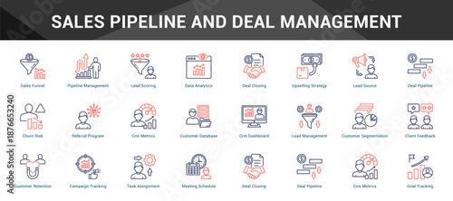 Sales Pipeline And Deal Management Cohesive set of minimalist vector icons representing key ideas with visual clarity