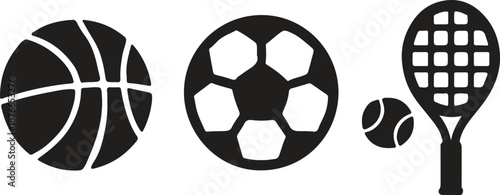 Collection of various sports equipment icons including balls and racket