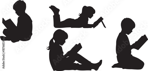 Black and white silhouette vector illustration of two children reading books back to back, education, childhood learning, study, knowledge, imagination