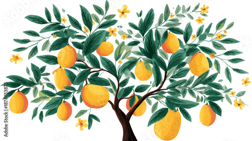 Vibrant watercolor citrus tree illustration with golden yellow fruits, lush green leaves, and delicate blossoms. Natural growth concept.