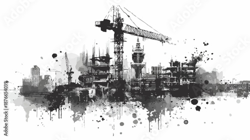 Abstract grunge city construction skyline with cranes and buildings. Urban development and architectural project concept illustration.