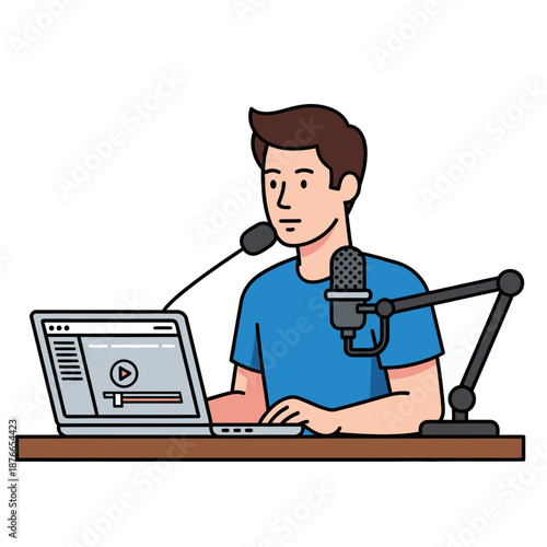 Man Recording Podcast With Laptop and Microphones