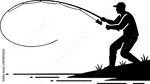 Fishing man casting rod silhouette vector graphic icon design.