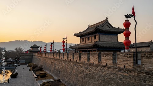 Ancient city wall with red lanterns at sunset