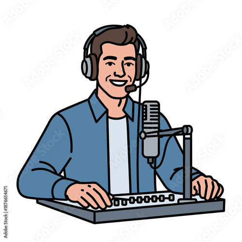 Radio Host with Microphone and Mixing Desk