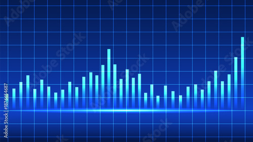 Digital blue bar graph with glowing bars on grid background, representing data analysis